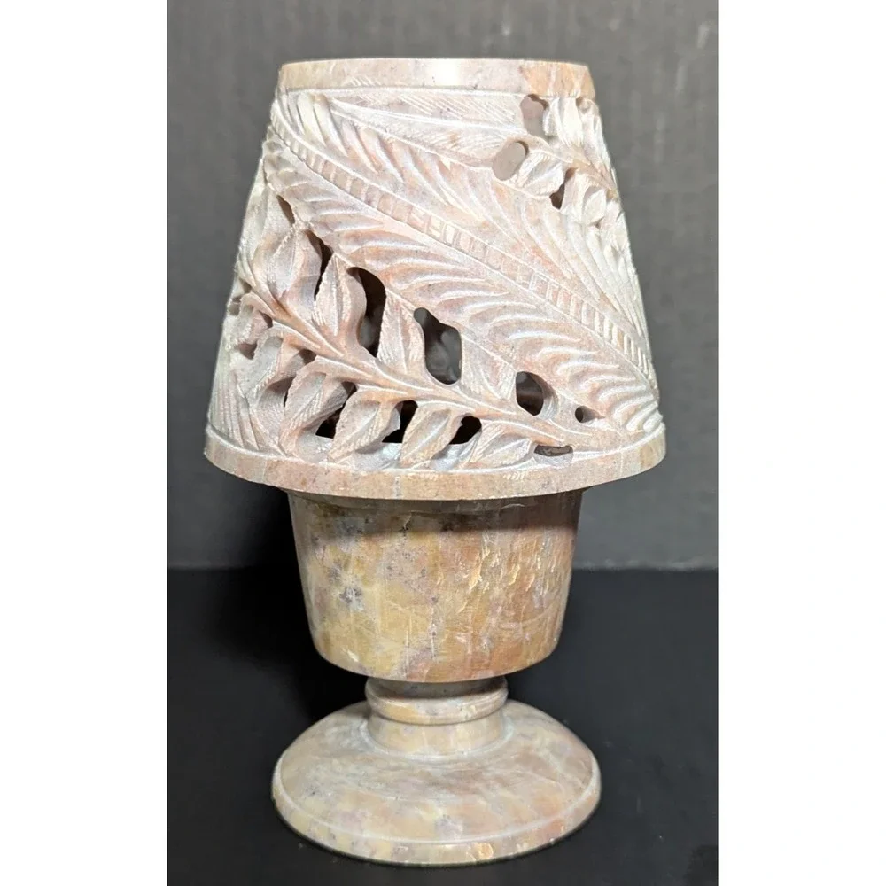 Carved Stone Tealight/Votive Candle‎ Holder and Shade Tones of Browns & Pinks 6